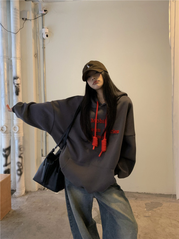Women's Toothbrush Embroidered Letters Hooded Sweatshirt Lazy Loose Top