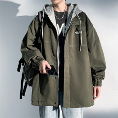 Autumn fake two-piece label large size trendy brand jacket men's hooded work jacket jacket