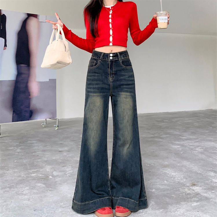 Women's blue two-button bell-bottom trousers, high-waisted loose jeans and floor-length trousers