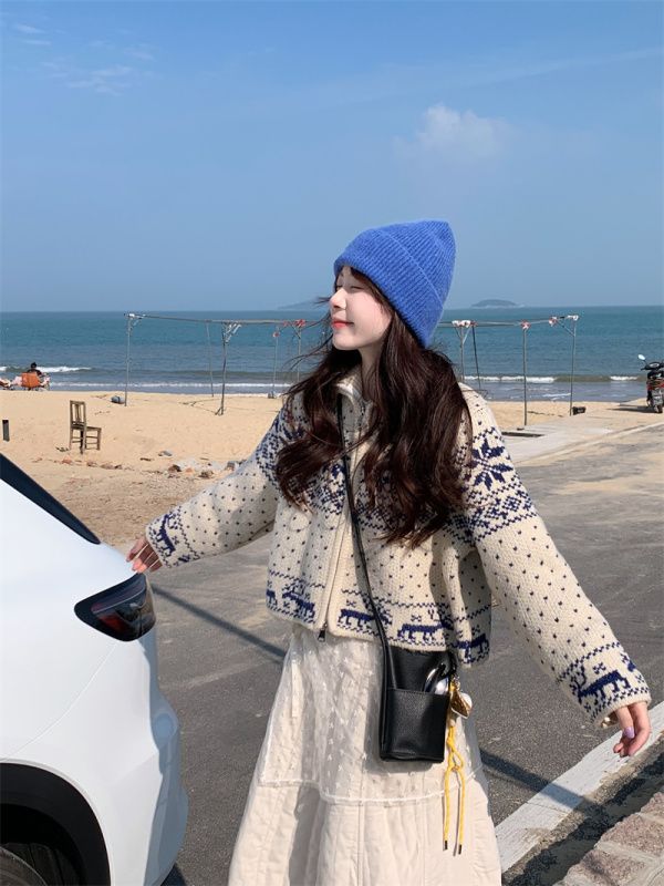 Japanese retro stand collar Taihua zipper snowflake sweater cardigan jacket