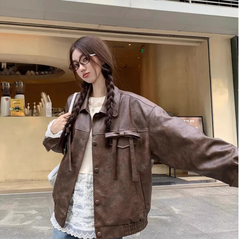 American retro lapel bow long-sleeved leather jacket for women spring and autumn new loose fashion niche motorcycle jacket