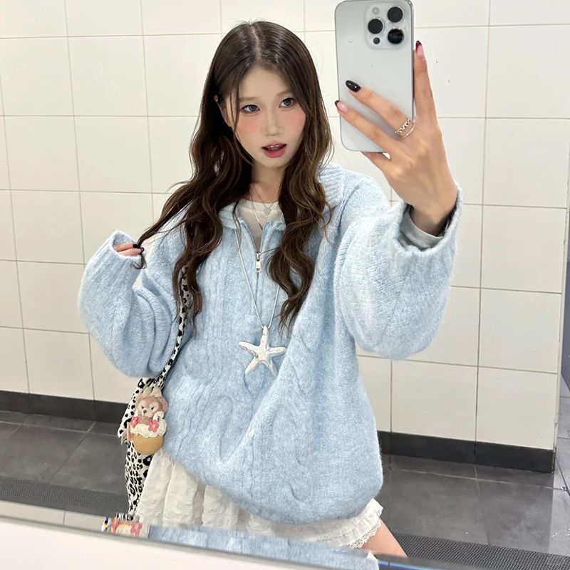 NVPVVA drop lapel long-sleeved sweater for women in autumn and winter new soft and waxy atmosphere loose slimming versatile top to wear outside