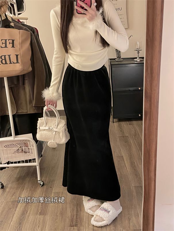 Velvet thickened black gold velvet fishtail skirt skirt elastic waist slimming hip skirt long skirt