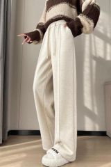 Autumn and winter new herringbone woolen pants plus velvet narrow wide-leg high-waisted straight casual pants for women