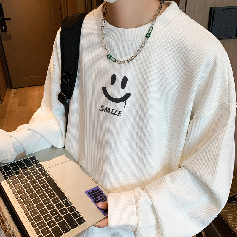 Waffle!  Autumn top men's round neck waffle sweatshirt men's large size long-sleeved T-shirt for men
