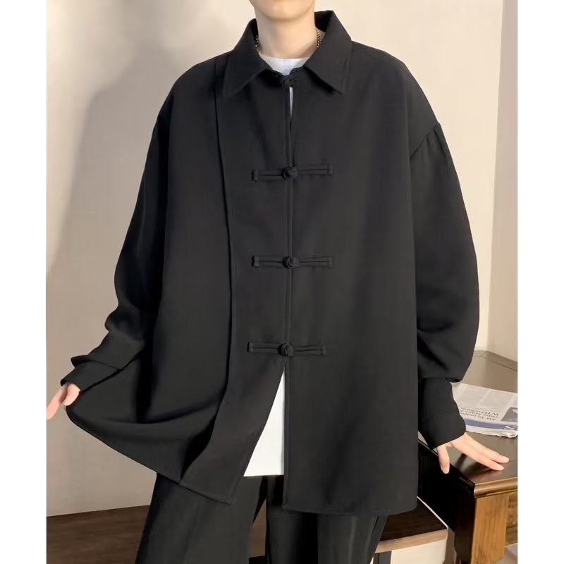 Autumn Harajuku square collar new Japanese style trendy shirt for men simple long sleeves