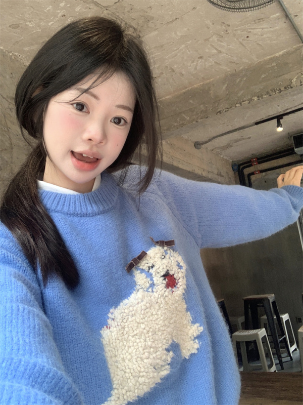 Cute Blue Puppy Chic Sweet Chunky Sweater Top