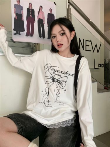 Wide and versatile loose bow printed brushed patchwork lace inner and outer top