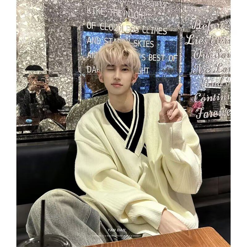 839 American high street niche printed loose sweater new preppy style female style wear rope damaged edge sweater