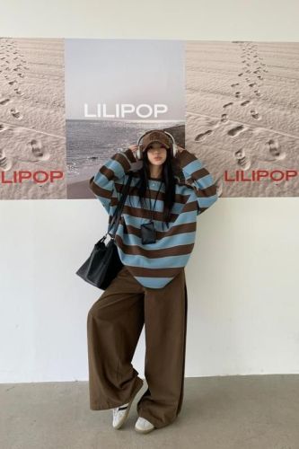 Classic Striped Color Block Sweater Loose + Lazy Style Loose Wide Leg Floor-Mopping Pants for Women