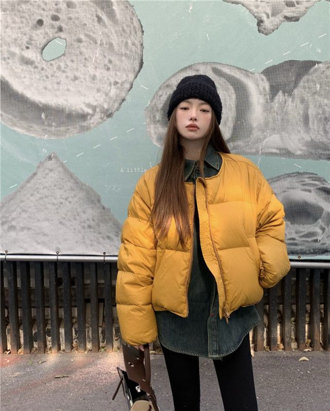 Ginger yellow collarless down jacket, loose short jacket + small embroidery retro literary plus velvet denim shirt