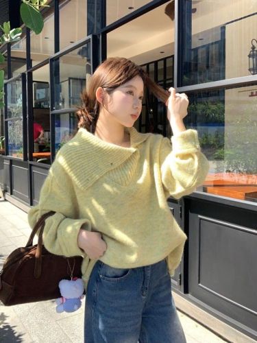 Lazy style large lapel design pullover turtleneck sweater for women autumn and winter irregular thickened sweater top