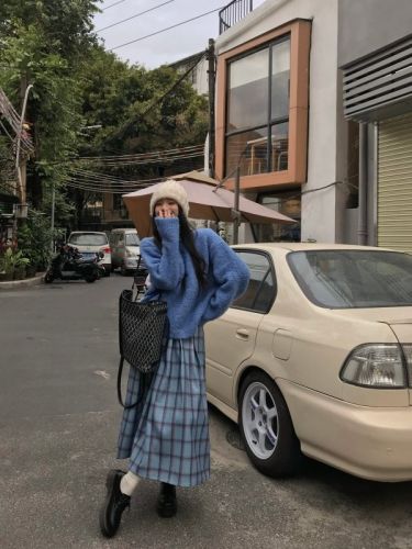 Japanese sweet blue sweater woolen skirt two-piece set for women