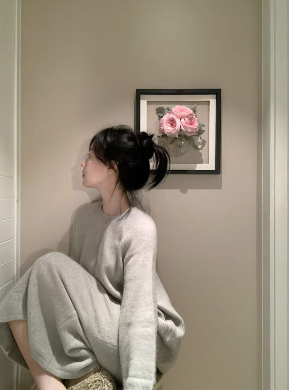 Lazy brushed knitted loose pullover sweater + skirt suit