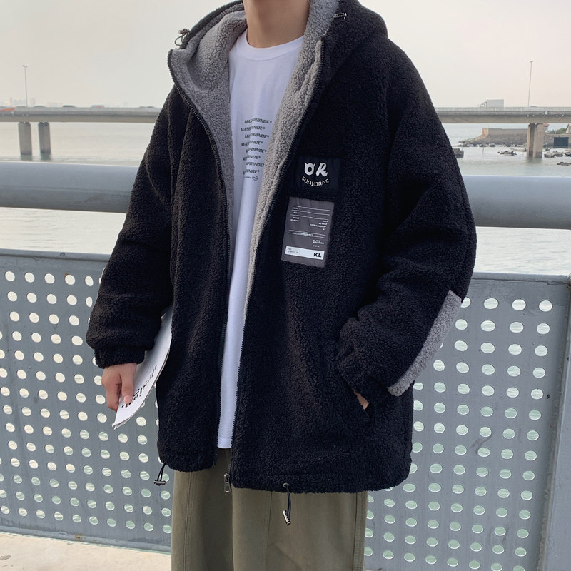 Winter lamb wool label hooded thickened Hong Kong style cotton coat for men