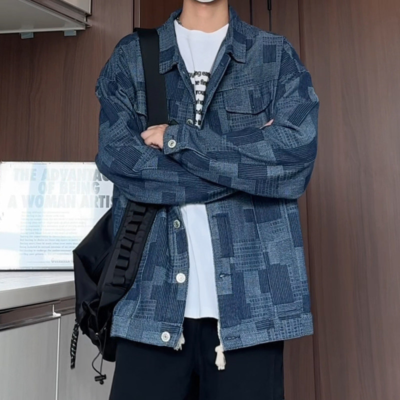 Autumn new style jacquard plaid trendy retro washed denim jacket boys handsome jacket men