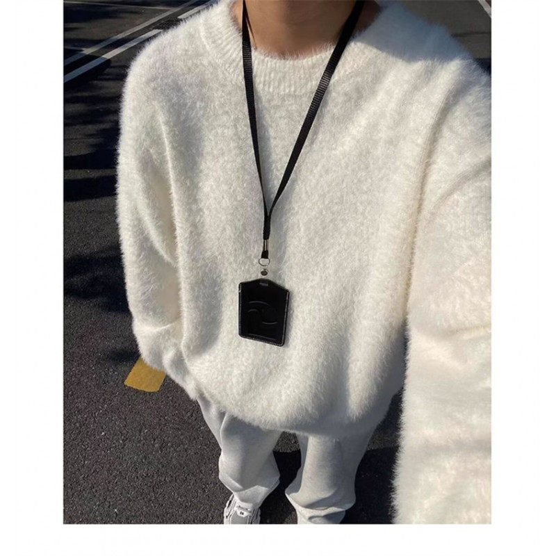 Autumn and winter trendy loose and versatile solid color simple mink fur crew neck sweater