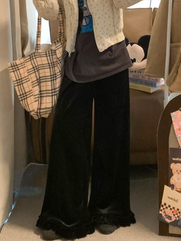 New Korean velvet thickened velvet lace wide-leg pants high-waist slim casual pants