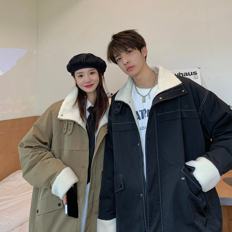 Cotton-padded jacket for men, winter new stand-up collar sherpa casual large size Hong Kong style couple's cotton-padded jacket