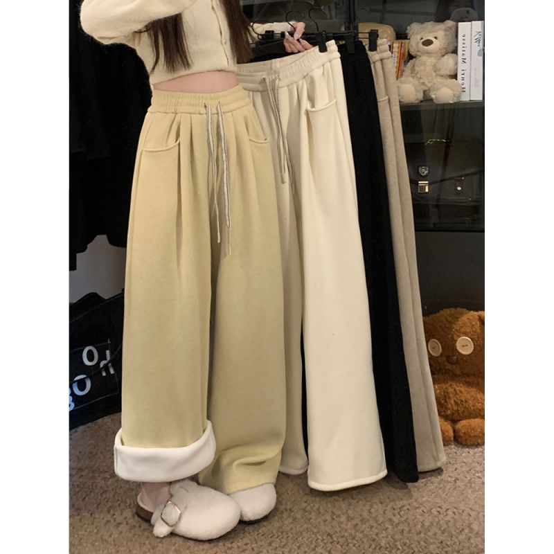 2024 winter velvet thickened cashmere loose high waist slim wide leg pants casual floor mopping pants for women