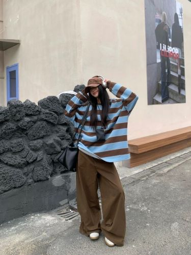 Classic Striped Color Block Sweater Loose + Lazy Style Loose Wide Leg Floor-Mopping Pants for Women