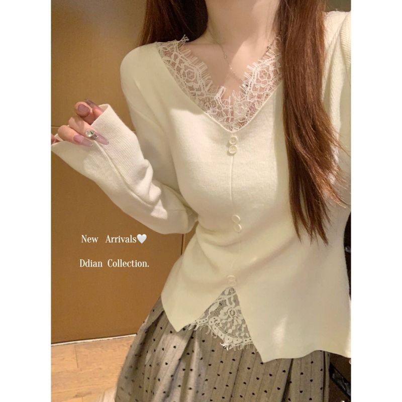 Autumn and winter Korean style v-neck lace splicing pure desire design Andy velvet sweater long-sleeved base sweater