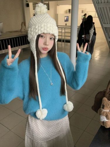 Three-label whitening, age-reducing, thickening and warm imitation mink velvet sweater for women, loose and lazy knitted sweater