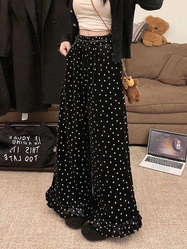Fungus-edged floral velvet thickened casual pants in winter, loose high-waisted wide-leg pants and mopping pants