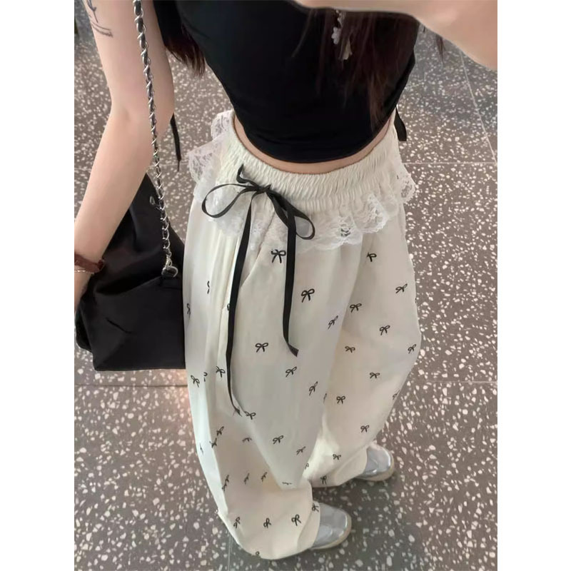 Plus size women's American bow lace splicing casual elastic waist loose slimming wide leg pants high waist straight pants