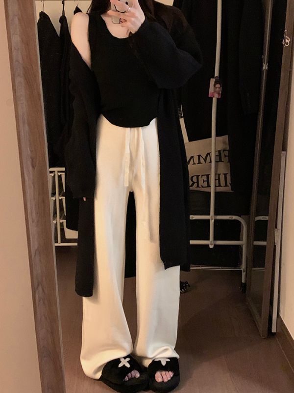 New autumn and winter Korean style loose, casual and versatile high-waist wool knitted wide-leg trousers for women