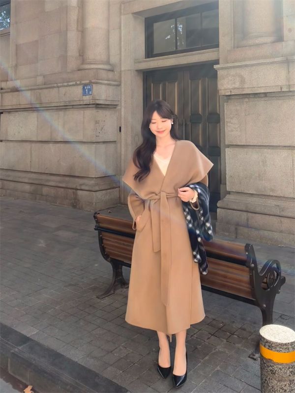 Designed lace-up large lapel lazy mid-length woolen coat