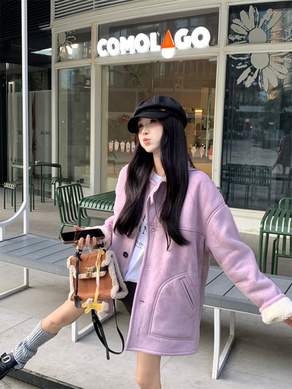 Suede fur all-in-one Korean style jacket thickened warm lapel jacket