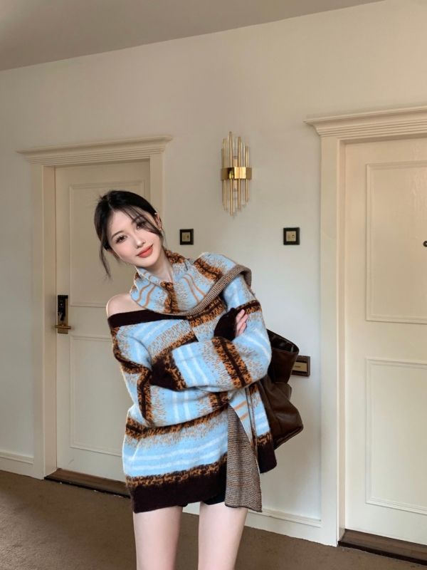Lazy style versatile color block V-neck loose sweater with scarf