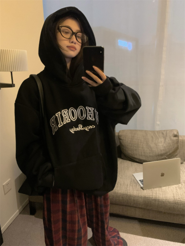 American retro lazy and fun letter embroidered loose plus velvet silver fox hooded sweatshirt