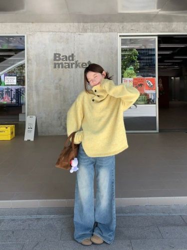 Lazy style large lapel design pullover turtleneck sweater for women autumn and winter irregular thickened sweater top