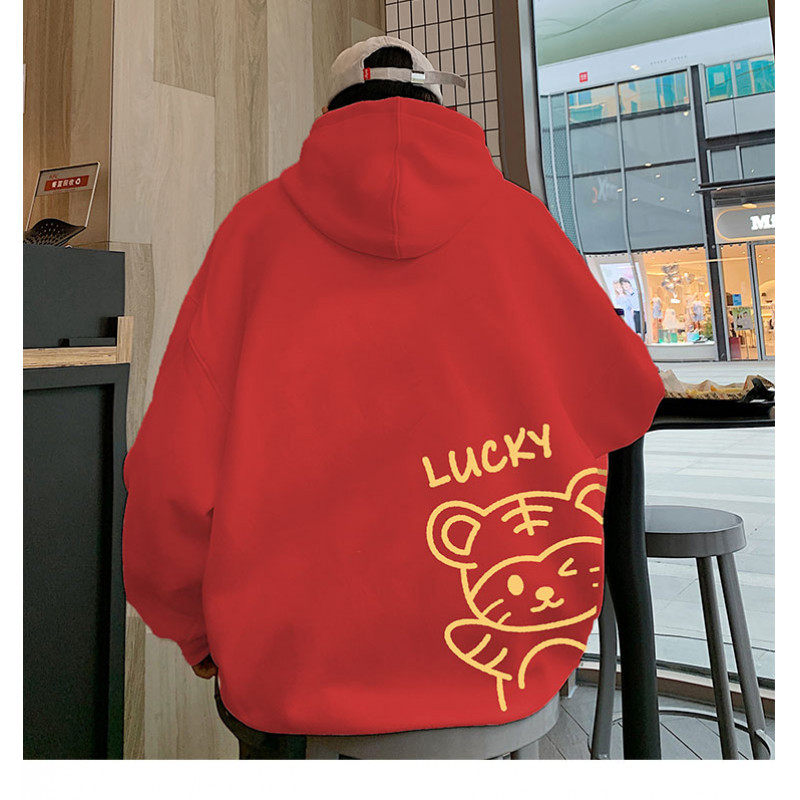 Winter Hong Kong style ins hooded sweatshirt men's zodiac year big red sweatshirt jacket fat men's jacket