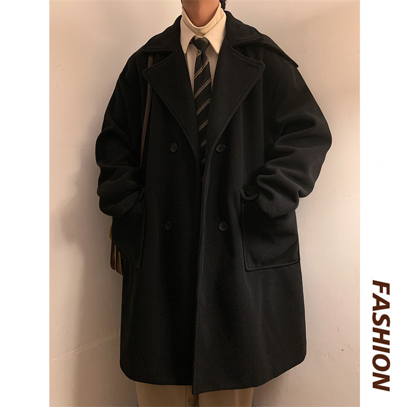 Hong Kong style double-breasted mid-length knee-length woolen coat men's windbreaker woolen coat