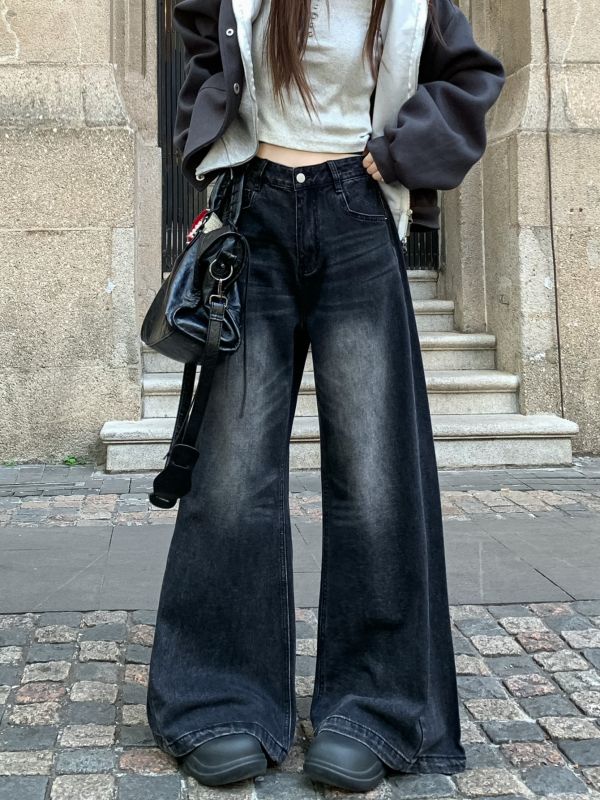 High-waist denim trousers for women, washed design, large hems, loose wide-leg floor-length trousers