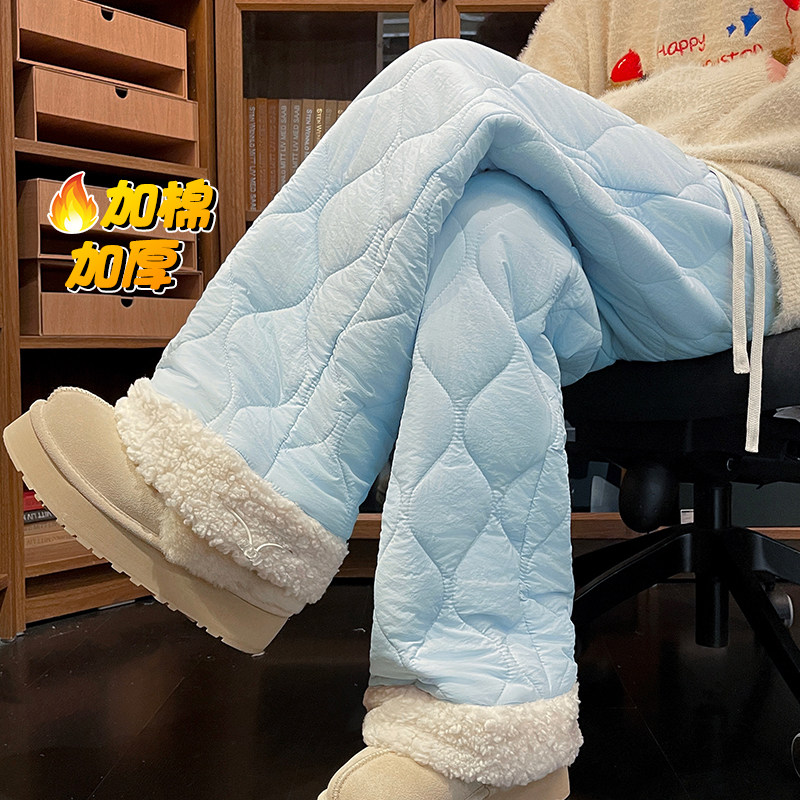 Winter lamb wool rhombus quilted wide-leg cotton pants for men and women