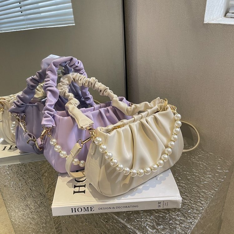 French Versatile White Pleated Cloud Small Bag Women 2024 New Pearl Chain Underarm Bag Single Shoulder Crossbody Bag