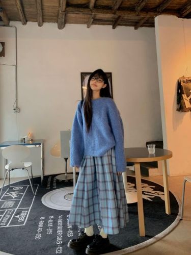 Japanese sweet blue sweater woolen skirt two-piece set for women