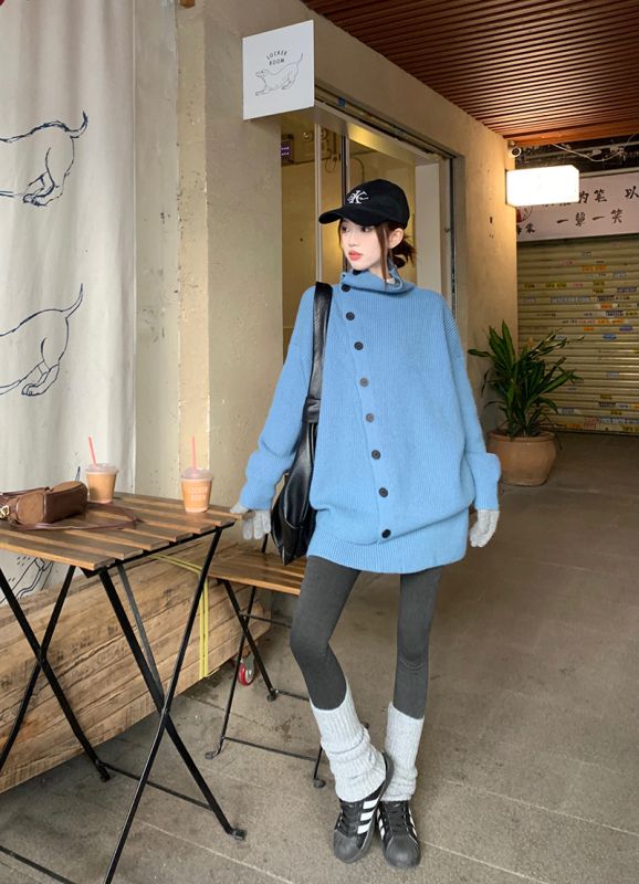 Winter turtleneck cardigan sweater two-piece women's loose knitted skirt suit