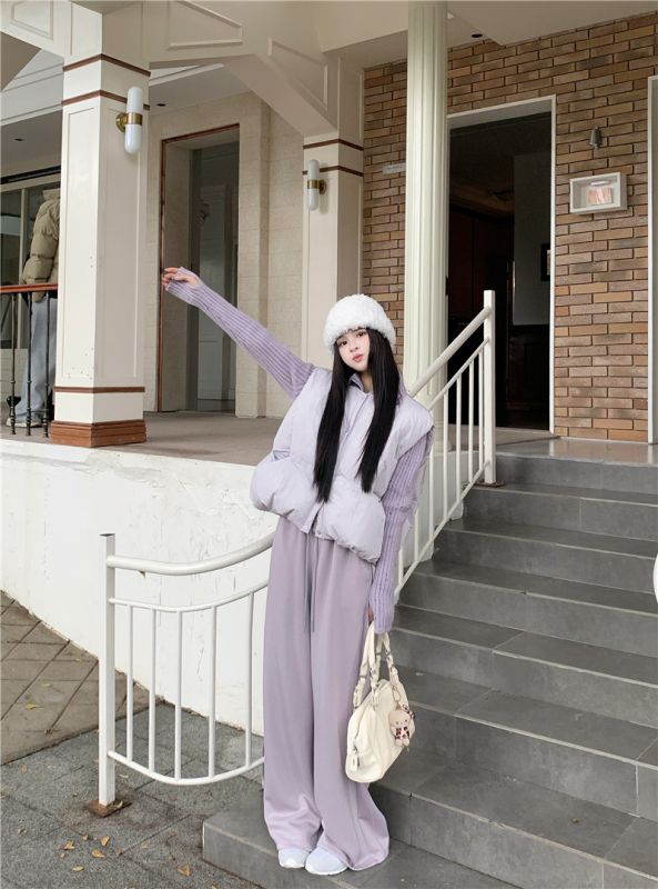 Korean cotton vest women's winter half-high collar knitted cardigan + wide-leg pants same color suit