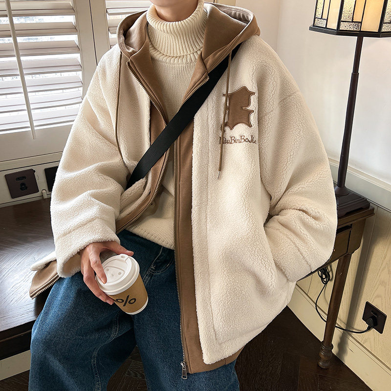 Winter fake two piece lamb wool cotton coat thickened cotton embroidered jacket