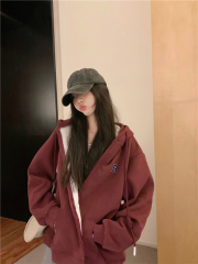 Composite velvet hooded sweatshirt for women loose zipper Korean style casual cardigan jacket top