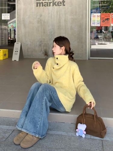 Lazy style large lapel design pullover turtleneck sweater for women autumn and winter irregular thickened sweater top