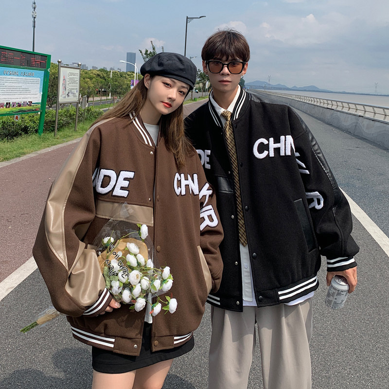 Spring baseball collar woolen leather couple patch large size men's jacket