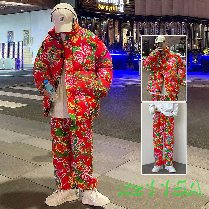 Z01 couple Northeast big flower Chinese style ethnic style special cotton coat and velvet pants suit plus size men and women trendy clothing