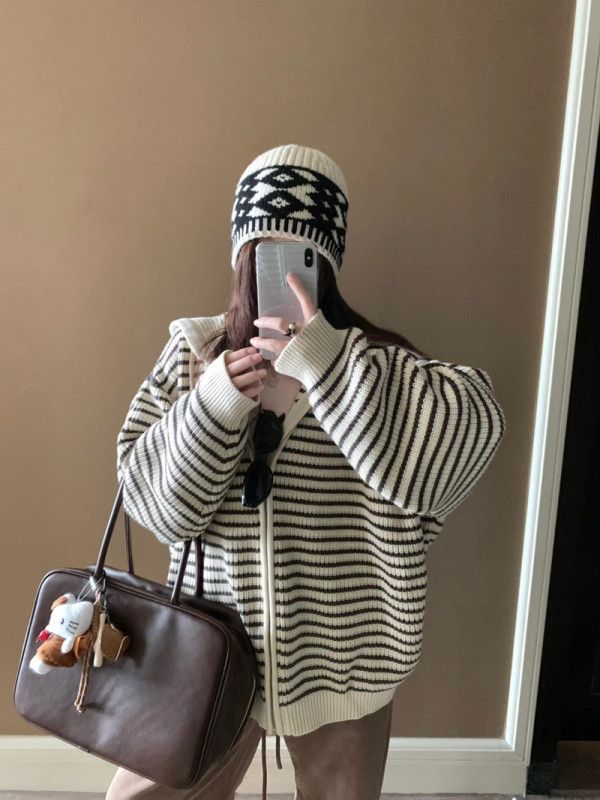 Drawstring hooded striped knitted cardigan sweater Korean style loose versatile top jacket