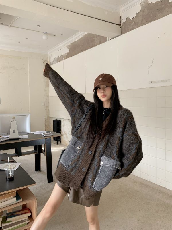 Korean style lazy style denim patchwork pocket thickened sweater cardigan